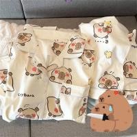 ราคา ชุดนอนเสื้อแขนสั้น กางเกงขาสั้น ลายการ์ตูน Capybara น่ารัก แฟชั่นฤดูร้อน สําหรับผู้หญิง [BL] (25122631464)