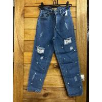 ราคา กางเกงยีนส์ทรงบอยปักมุก แต่งขาด ป้าย Infinity Jeans เอว 24 (26511337172)