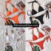 ราคา [BKN1183] <AU> TRIANGLE BIKINI SET WHITE/NEON ORANGE/BLACK/SPIRAL BUTTONS (กรีด) (29940019976)