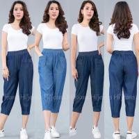 ราคา กางเกงขา 5 ส่วนแต่งจีบปลายขาผ้ายีนส์ฟอกและผ้าลินินแต่งกระเป๋าหน้า เอวฟรีไซส์ มียางยืดรอบเอว (4337692956)