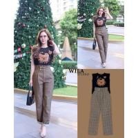 ราคา M มือ1 WILA ชุดเซ็ตเสื้อยืดแขนล้ำ แต่งสกรีนอก มาพร้อมกางเกงลายสก๊อตสีน้ำตาล ใส่สวยสุดๆ ป้าย WILA (29508641720)