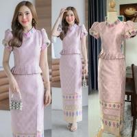 ราคา A22 ชุดไทยจิตรลดาผ้าไหมประดิษฐ์ทอลาย สีชมพูกะปิ อัดกาวทั้งชุด (28853028271)