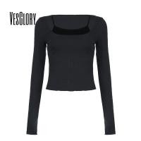 ราคา VesGlory ผู้หญิง Crop Top แฟชั่นสีตัดกันแขนยาว Squre คอ Slim Fit เสื้อยืด (18785583568)