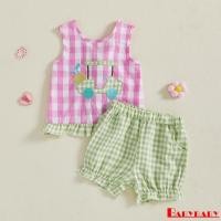 ราคา Bab-Baby Girls Crew Neck เย็บปักถักร้อย Golf Cart Tank Top พร้อมกางเกงขาสั้นลายสก๊อตชุดฤดูร้อน (40100747959)