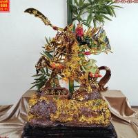 ราคา (จำนวนจำกัด) กวนอูขี่ม้า จับเชือก หลังมี5ธง เสื้อเขียว งานเรซิ่นทองสีไต้หวัน สูง 26 นิ้ว (12332424651)