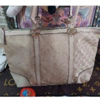 ราคา กระเป๋าทรงชอปปิ้งกุชชี่ผ้าทอแคนวาสสีชมพูทองสลับหนังมือสอง (22635135233)