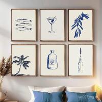 ราคา การ์ตูนเส้นสีฟ้าเรียบง่ายริมทะเลกะลามะพร้าวขวดไวน์ดอกไม้ปลาโปสเตอร์ผ้าใบภาพวาดภาพผนังศิลปะตกแต่งบ้าน จ2วว (45501988309)
