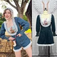 ราคา (xlเอวเล็ก1 นิ้ว จับตึงแน่นไม่ชอบแน่น+ไซส์) จั๊มสูทขาสั้น ลายกระต่าย จั๊มยีนส์ งานกระแส งานป้าย chalita (28086853164)