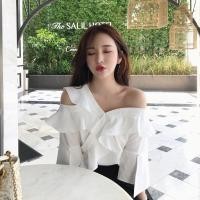 ราคา เสื้อ chiffon เนื้อดี ปาดไหล่ ระบายฟรุ้งฟริ้ง สีขาว S M L (3609969811)