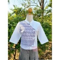 ราคา เสื้อผ้าฝ้ายลายขอสีขาวผู้หญิง แขนสามส่วน (2343032225)