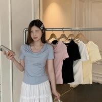 ราคา 2025 เสื้อฤดูร้อนใหม่ สำหรับสาวอวบ ไซส์ใหญ่ สไตล์หวานบริสุทธิ์ คอปาดโชว์ไหล่ แขนสั้นเข้ารูป น่ารักมาก ๆ ค่ะ (44052099606)