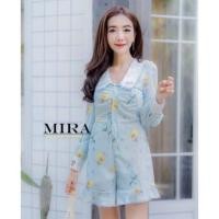 ราคา Mira สินค้ามือสองงานป้าย#จั้มสูทขาสั้นแขนยาว ลายดอกสีฟ้า คอบัว กระดุมหน้า (23886003732)