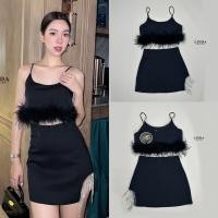 ราคา set เสิ้อกางเกง สีดำ เสื้อสายเดี่ยวแต่งขนนก กระโปรงสั้นแต่งเพชร (21194484054)