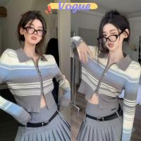 ราคา Vogueพร้อมส่ง เสื้อไหมพรมแขนยาวคอปก ดีเทลลายทาง รูปซิปด้านหน้า (Y2111) -C (22757054288)