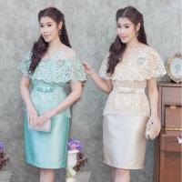 ราคา ชุดเดรสเสื้อลูกไม้+กระโปรงสั้น สีครีมทอง/สีเขียวมิ้นท์ M-L (15746846418)