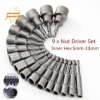 ราคา PUREHAIRBEAUTY 9 ชิ้น/เซ็ตหัวฉีด Nut Schroevendraaier ชุดเครื่องมือ 5 มม.-13 มม.ไดร์เวอร์ชุด (50603917119)