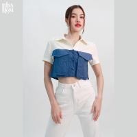 ราคา Missmoda รุ่นMC-234TS013 เสื้อเชิ้ตดีไซน์ตัดต่อผ้าทวีต แต่งกระเป๋าคู่ ปักโลโก้ เสื้อผู้หญิงแบรนด์ (เฉพาะเสื้อ) (24800644212)