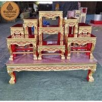 ราคา ️ โต๊ะหมู่บูชาไม้สน หมู่ 9 หน้า 8 ️ งานร่องสีแกะสลักลายพิกุลปิดทอง ✨ ลายดอกหรูหรา งดงาม เสริมสิริมงคล (45101215053)