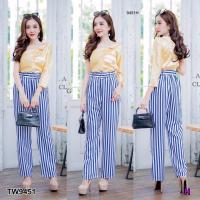 ราคา J9451 Set เสื้อแขนยาวไหล่เฉียง + กางเกงขายาวลายริ้ว (2292209760)