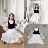 ราคา เดรสสีขาวตัวสั้นมาพร้อมเอี๊ยมเสื้อทับแต่งดอก3Dสีดำ ทรงเก๋ (19650022842)