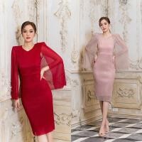 ราคา M11 งานป้าย Luxe Dress ชุดเดรสทรงสอบดีเทลเสื้อคลุมไหล่ สีแดง สีชมพู สำหรับผู้หญิง ไซส์ S-XL (25150310185)