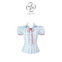 ราคา GILANI Blue Gingham Puff Sleeve Bow Blouse เสื้อวินเทจลายสก็อต แขนพอง ผูกโบว์ วินเทจ คอปก ลายตาราง (58004384456)