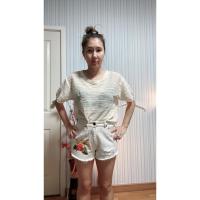 ราคา มือสอง เสื้อคอกลมลายพื้น Mango สีครีมบาง ไม่มีซับใน (19466856493)