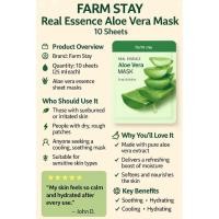 ราคา Farm Stay Real Essence Aloe Vera Mask (10 แผ่น) – Soothing & Moisturizing Daily Sheet Mask สําหรับผิวแพ้ง่าย (28737938739)