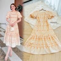ราคา เดรสลายไทยสวยสง่า,ชุดไปวัด!!! S-5XL Dress เดรสสีครีมโทนส้มลายไทยแขนพองชายหางปลา งานป้าย Orange Juice (43750613799)