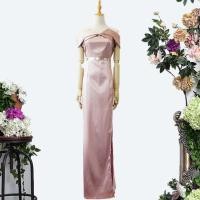 ราคา ชุดออกงานราตรี ชุดไปงานแต่งสีชมพูพิ้งโกลด์ เดรสยาวปาดไหล่ คอวี กระโปรงยาวผ่าหน้า แนวเรียบหรู (5611146941)