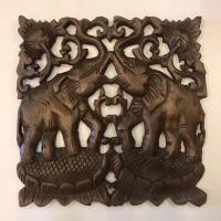 ราคา แผ่นไม้สัก แกะสลัก ลายช้างคู่ ขนาด 30x30 cm. ไม้ฉลุ งานไม้สัก ของตกแต่งผนัง (9579984299)