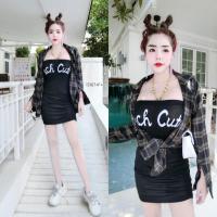 ราคา J15167 set 2 ชิ้น เสื้อลายสก็อตแขนยาว + เดรสเกาะอกสกรีนตัวหนังสือ (9411496164)