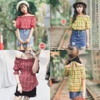 ราคา พร้อมส่ง เสื้อปาดไหล่ ลายสก็อต (1518077139)
