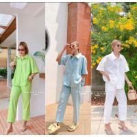 ราคา ชุดเซทลินิน สีขาว เสื้อปกเชิต กางเกงเอวสมอค (21882660861)