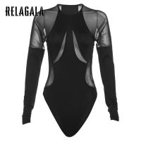 ราคา RelaGala Womens New Round Neck Long Sleeve Sexy See Through Mesh Stitching Slim Bodysuits (20194140880)