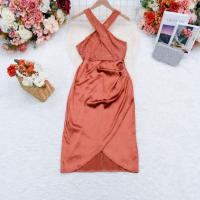 ราคา ชุดเดรสออกงาน,เดรสลูกไม้ สีชมพูกะปิ คอไขว้ ผ้าซาติน ความยาวชุด 47 (40610642693)