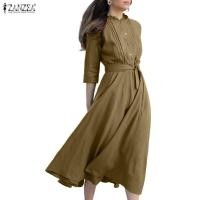 ราคา ZANZEA ชุดเดรสคอเหลี่ยมสไตล์วินเทจสำหรับผู้หญิง แขนยาว 3/4 มีกระดุม และผูกเชือกที่เอว ทรง midi A-line (28592206420)