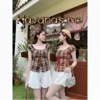 ราคา havanas พร้อมส่ง เสื้อลายปาดไหล่ ลายสก็อต งานแต่งขอบลูกไม้น่ารัก งานผ้าใส่สบาย ผูกโบว์ข้างหน้า (50952682366)