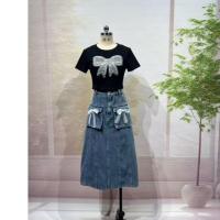 ราคา (เอวเล็ก 1 นิ้ว) ชุดยีนส์ ชุดเซตกระโปรง เสื้อยืด ลายโบว์ รีดเพชร+กระโปรงคาร์โก้ งานป้าย jusmint (44600681386)