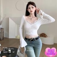 ราคา เสื้อครอปแขนยาว คอกว้างแต่งลูกไม้ อกจีบย่น 2 สี ปลายแขนบานแต่งผ่า (19195752026)