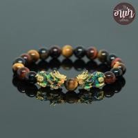 ราคา หินไทเกอร์อายส์ 3 สี สามทหารเสือ Tiger Eye ขนาด 8 มิล ปี่เซียะเปลี่ยนสีคู่ หินแท้ 100% คตไม้สัก พลอยตาเสือ (2183990958)