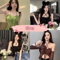 ราคา Elves✨พร้อมส่ง✨ เสื้อคล้องคอ ผ้าไหมพรม ผูกเชือก เว้าช่วงเอวเชือกรูดได้ด้านหน้า ~FY1156~ (21081391688)