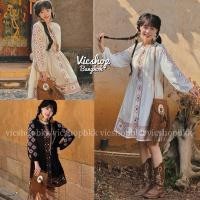 ราคา Mini Bohemian Dress มินิเดรสสั้นโบฮีเมียนไปทะเล กระโปรงจีบผ้าลินินผสมฝ้าย​ทรงหลวม งานปักลายชนเผ่าแขนยาวบอลลูน (19396420608)