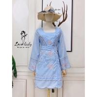 ราคา ส่งต่อเดรสงานปักพร้อมเข็มขัด คอเหลี่ยม สีฟ้า ป้ายLove Lady (L,XL) เลิฟ เลดี้ (9779858113)