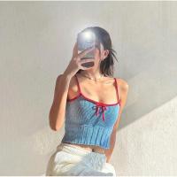 ราคา เสื้อสายเดี่ยวไหมพรม ตรงกลางเป็นโบว์ไหมพรมจิ๋ว สีฟ้า-แดงเลือดนก (27653291864)