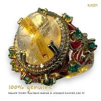 ราคา KJ221 แหวนโป่งข่ามไหมทอง Natural Golden Rutilated Quartz ลงยาประดับมรกตดิบ ขนาดแหวน 56 (24279879813)