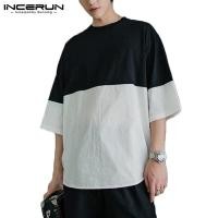 ราคา INCERUN Contrast panel round neck 3/4 sleeve top T-shirts (18276034160)