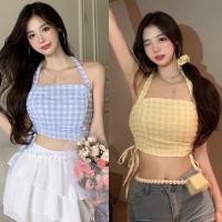 ราคา เสื้อเกาหลี สายเดี่ยวเกาหลีลายตาราง สายเดี่ยวรูดข้าง เสื้อรูดข้างผูกคอ (18012851738)