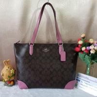 ราคา COACH F29208 ZIP TOP TOTE IN SIGNATURE CANVAS COLOR : SILVER/BROWN AZALEA (1903461647)