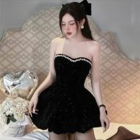 ราคา พร้อมส่งในไทย เดรสกำมะหยี่กากเพชรเรียบหรู เกาะอกตกแต่งเพชร (28930416695)